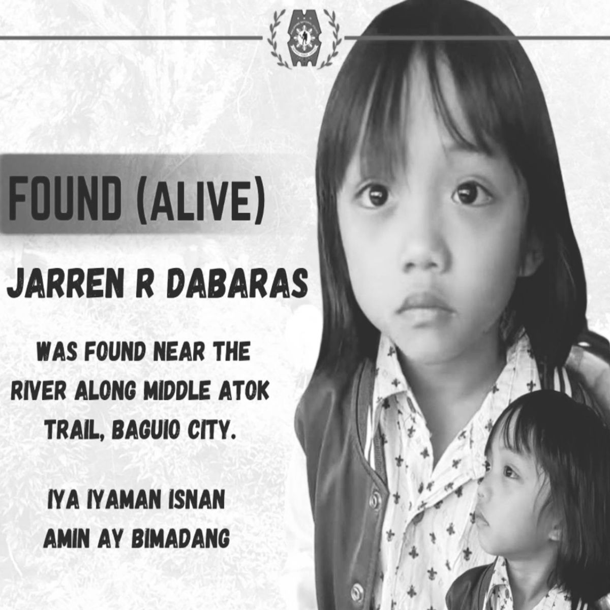 6-anyos na batang nawawala, pumanaw matapos matagpuan sa Atok Trail